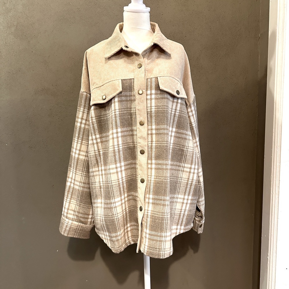 Plaid flannel and corduroy shacket by Jen & Co, size S/M, side pockets, NWOT